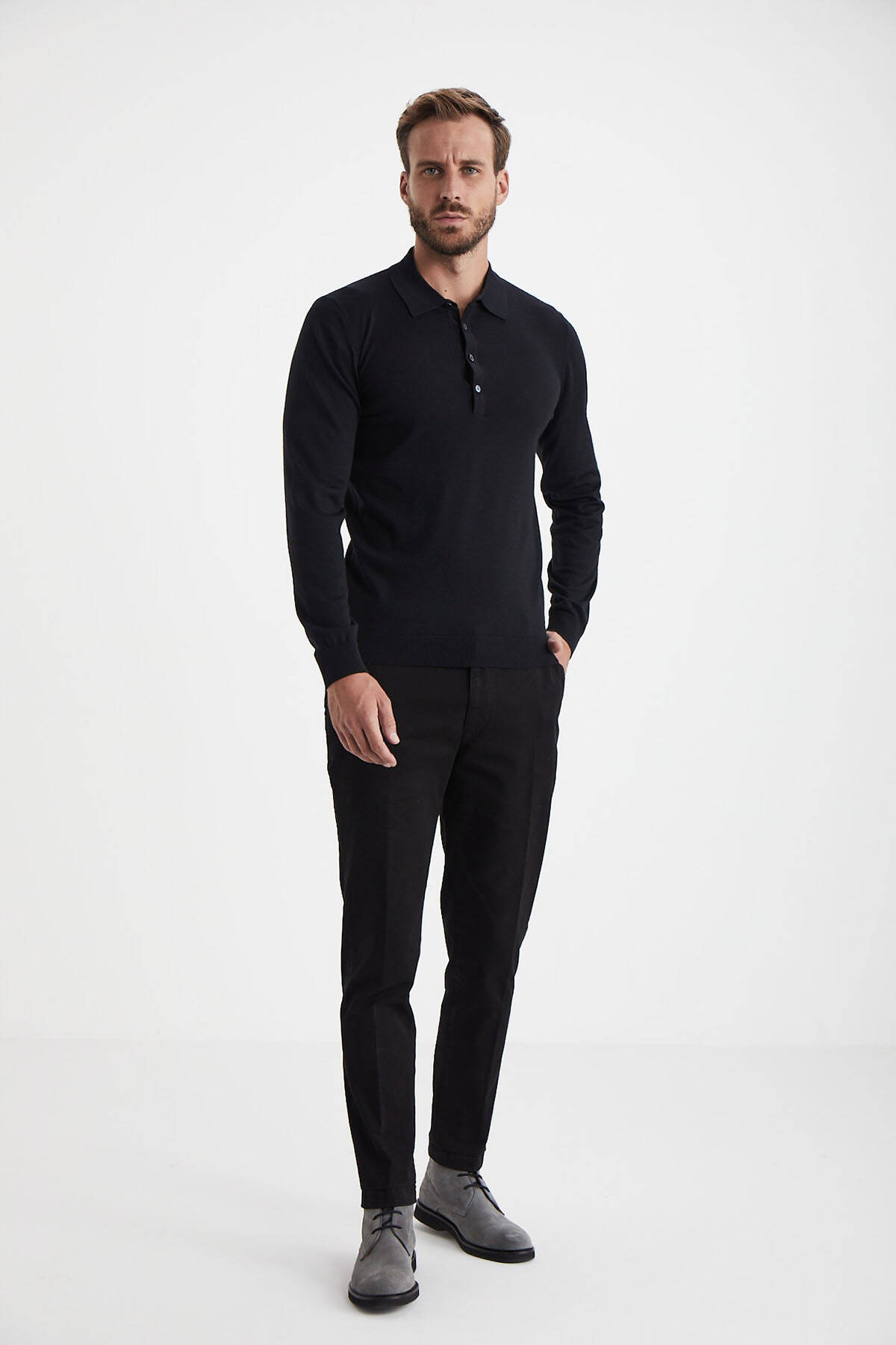 Extrafine Merino Polo Yaka Siyah Triko