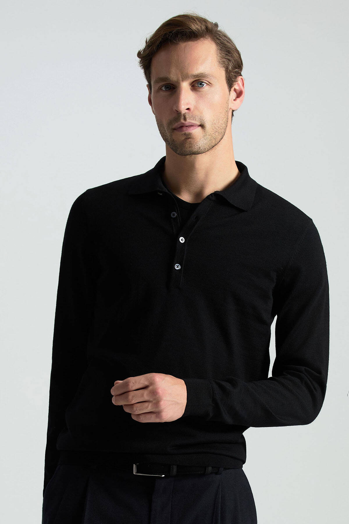 Extrafine Merino Polo Yaka Siyah Triko