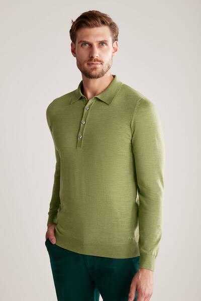 Extrafine Merino Polo Yaka Yeşil Triko