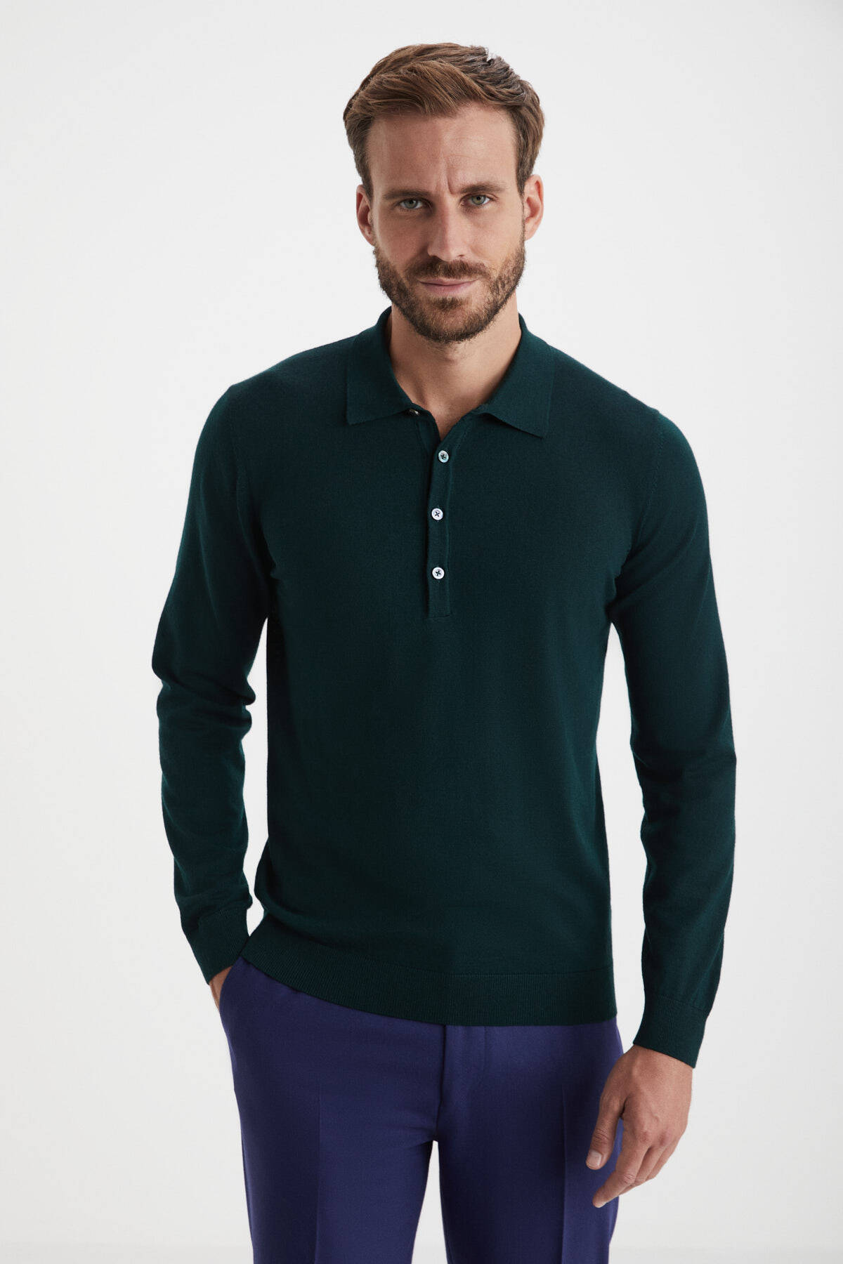 Extrafine Merino Polo Yaka Zümrüt Yeşili Triko