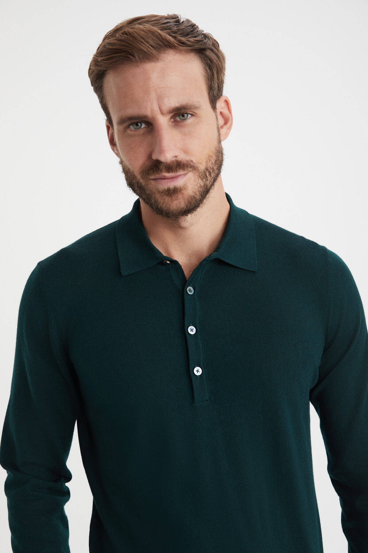Extrafine Merino Polo Yaka Zümrüt Yeşili Triko
