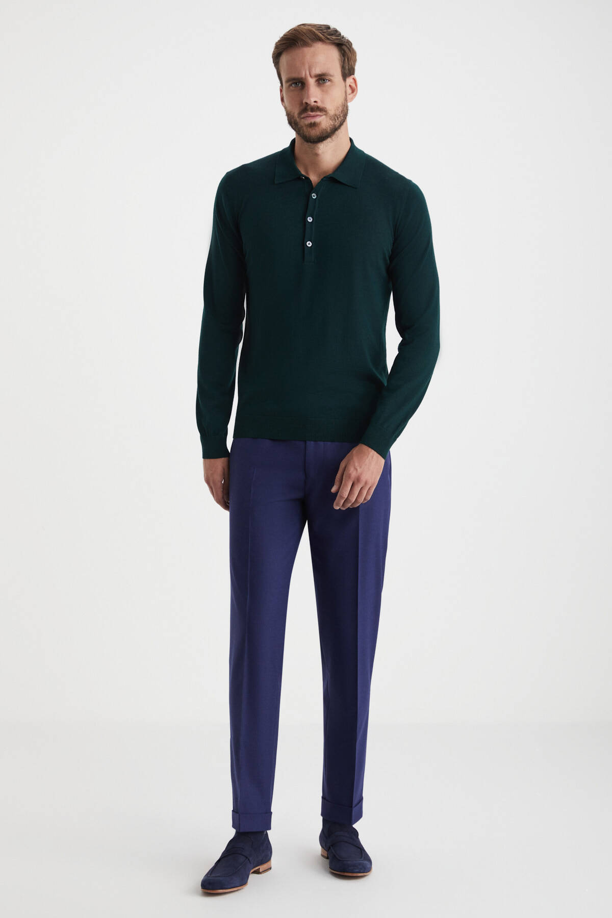 Extrafine Merino Polo Yaka Zümrüt Yeşili Triko
