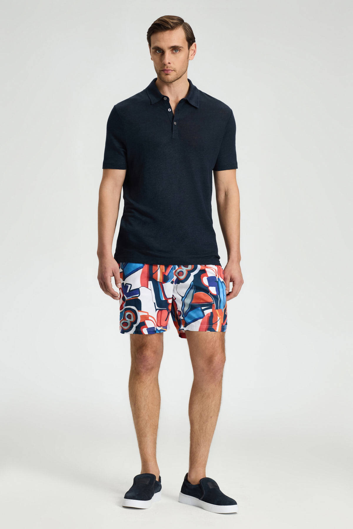 Saf Keten Lacivert Polo Yaka T-Shirt