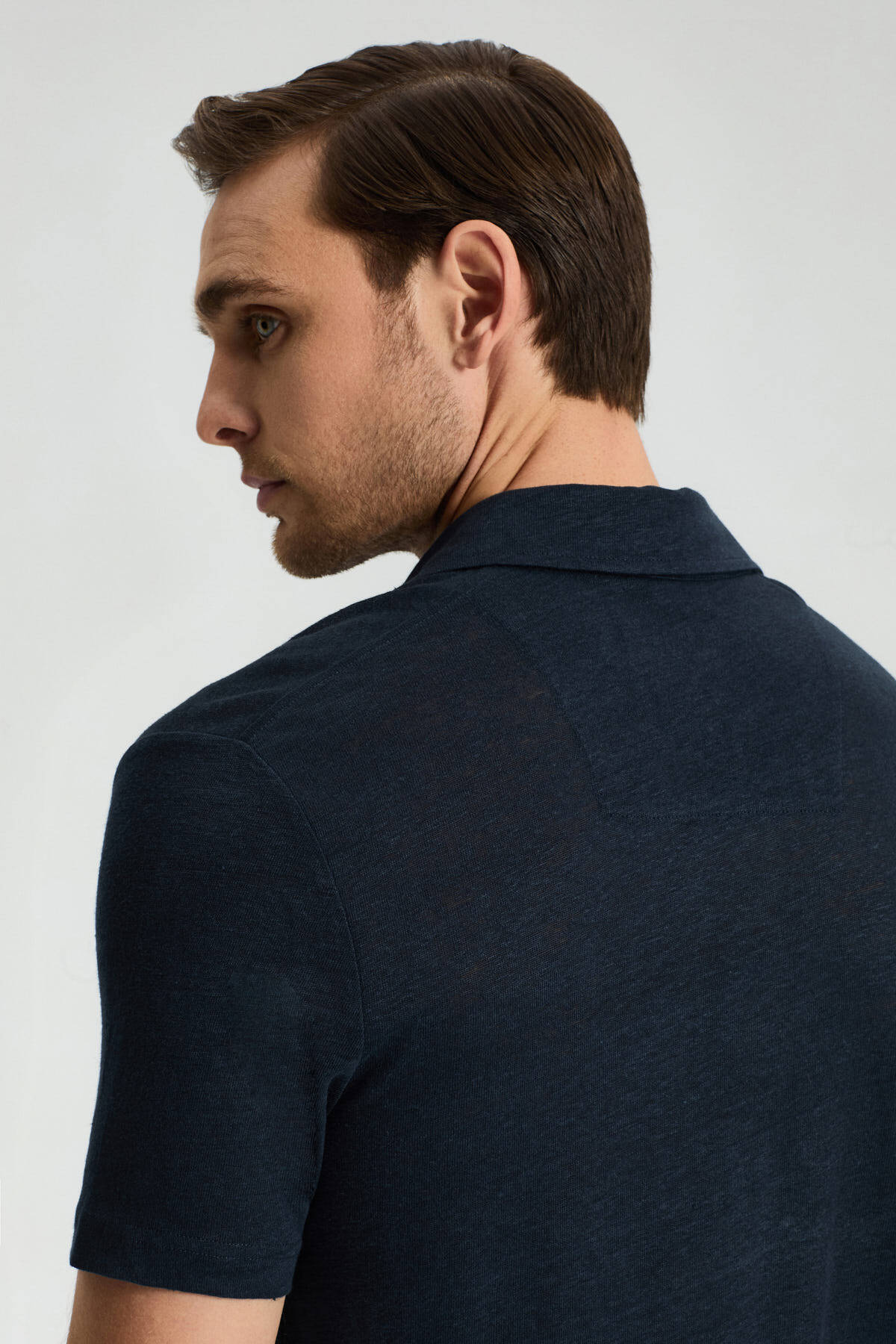 Saf Keten Lacivert Polo Yaka T-Shirt