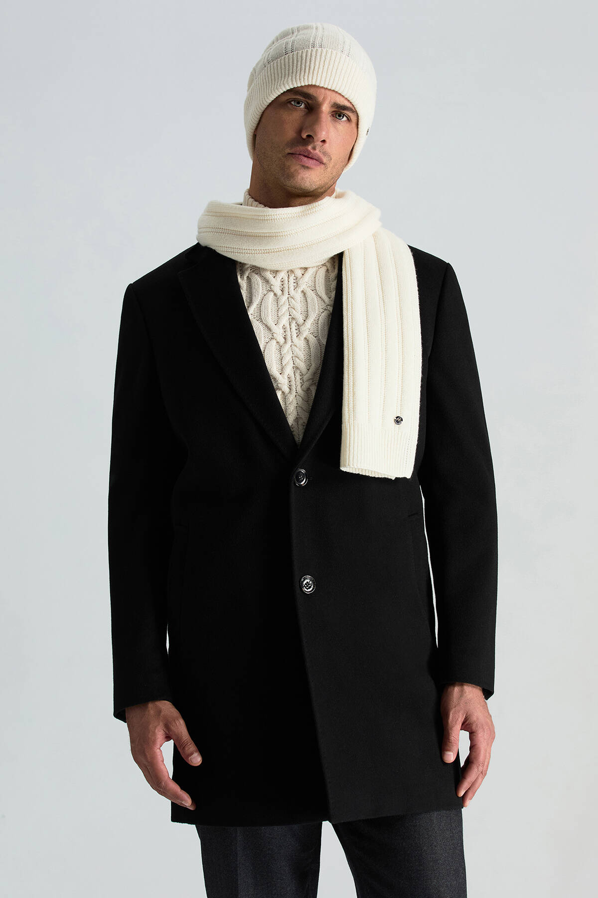 Saf Kaşmir Örgü Desenli Beyaz Atkı