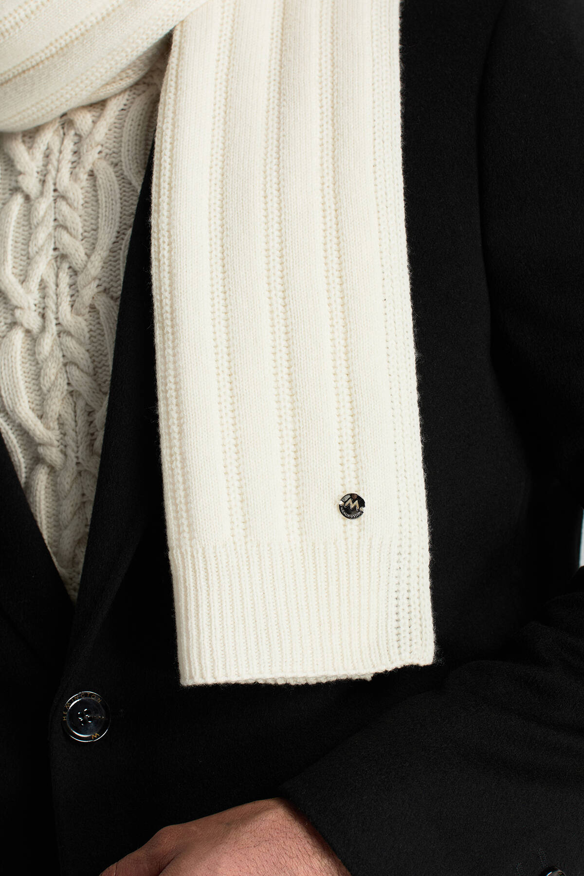 Saf Kaşmir Örgü Desenli Beyaz Atkı