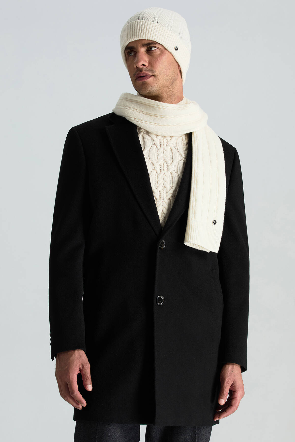 Saf Kaşmir Örgü Desenli Beyaz Bere