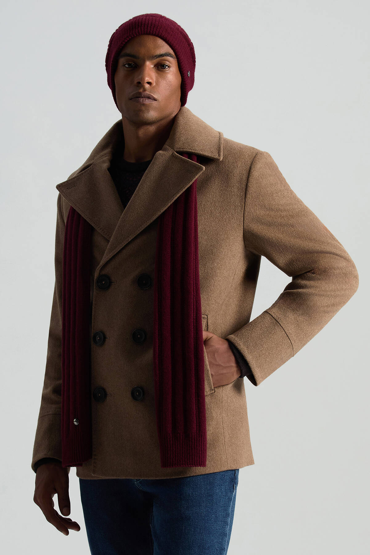 Saf Kaşmir Örgü Desenli Bordo Atkı