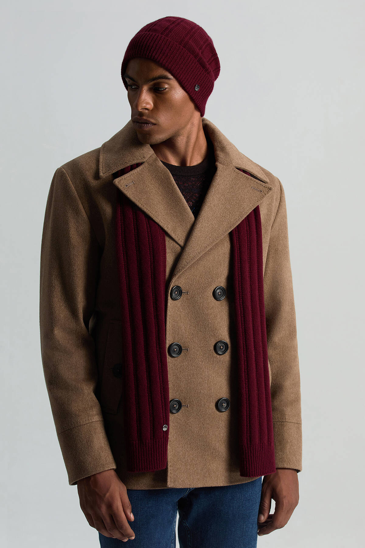 Saf Kaşmir Örgü Desenli Bordo Atkı