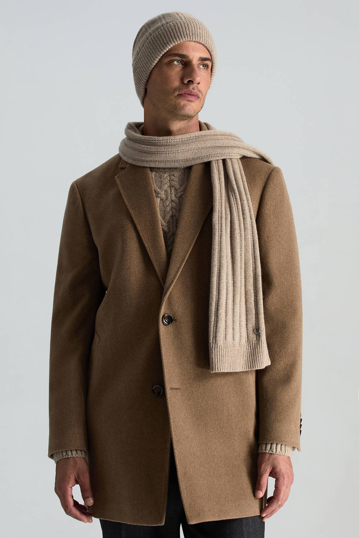 Saf Kaşmir Örgü Desenli Camel Atkı