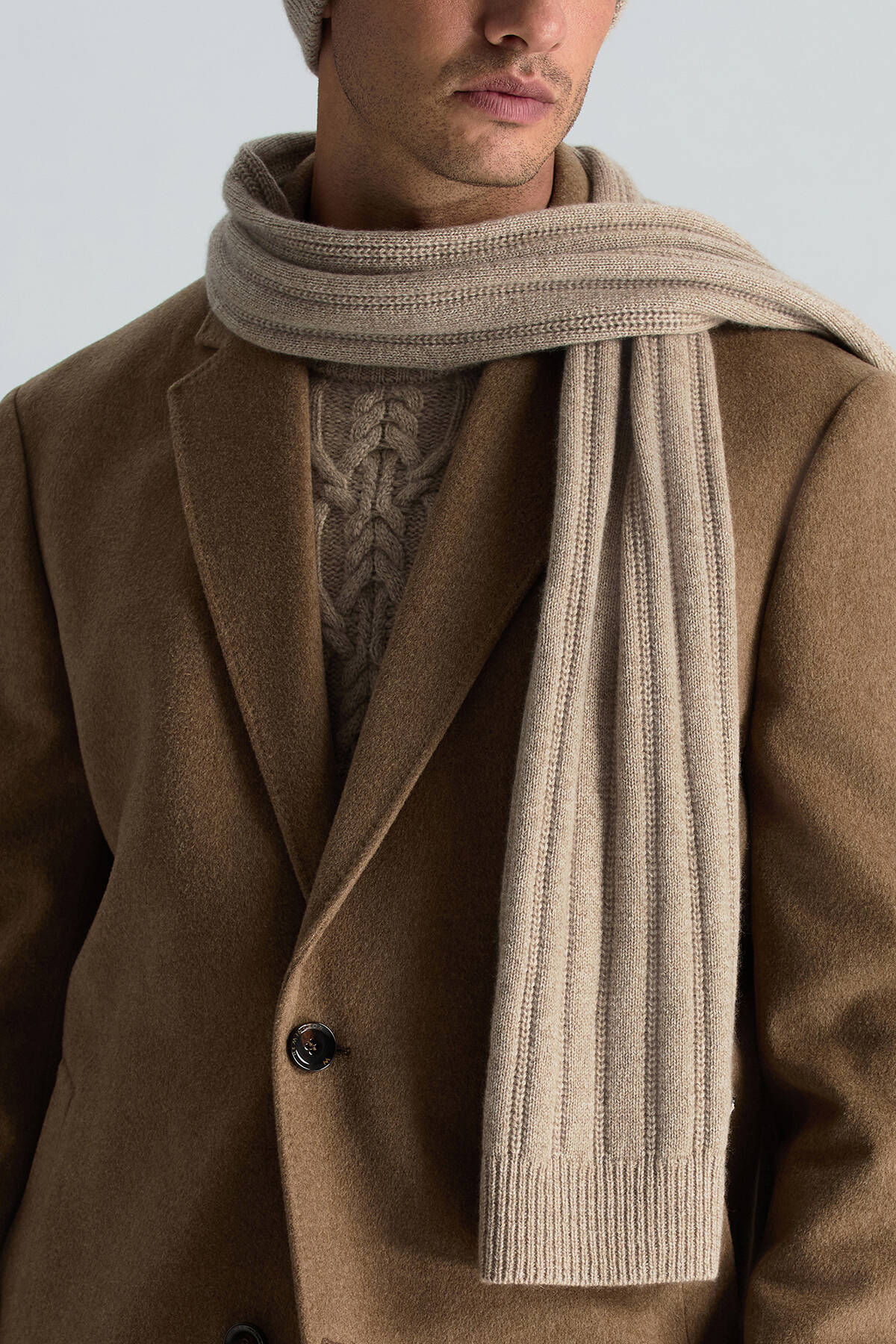 Saf Kaşmir Örgü Desenli Camel Atkı