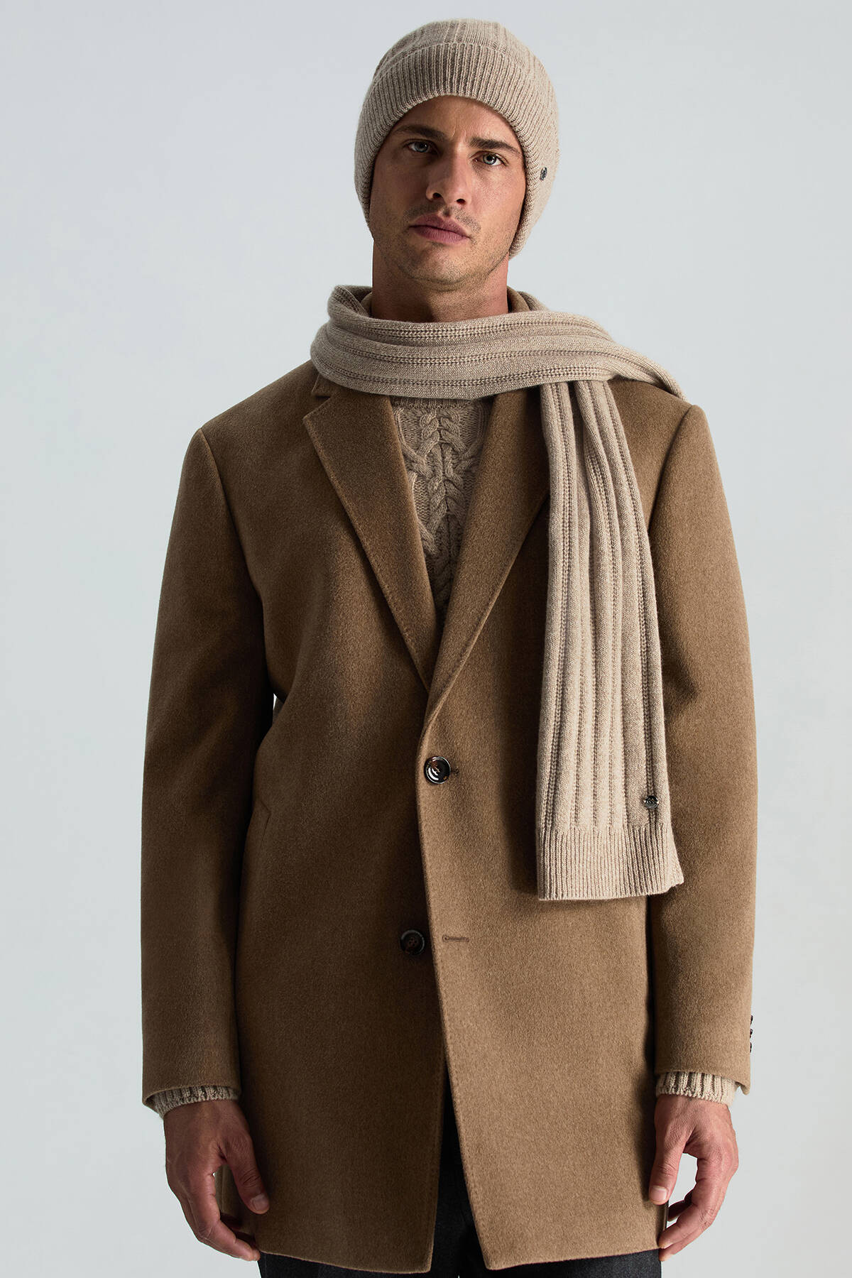 Saf Kaşmir Örgü Desenli Camel Bere