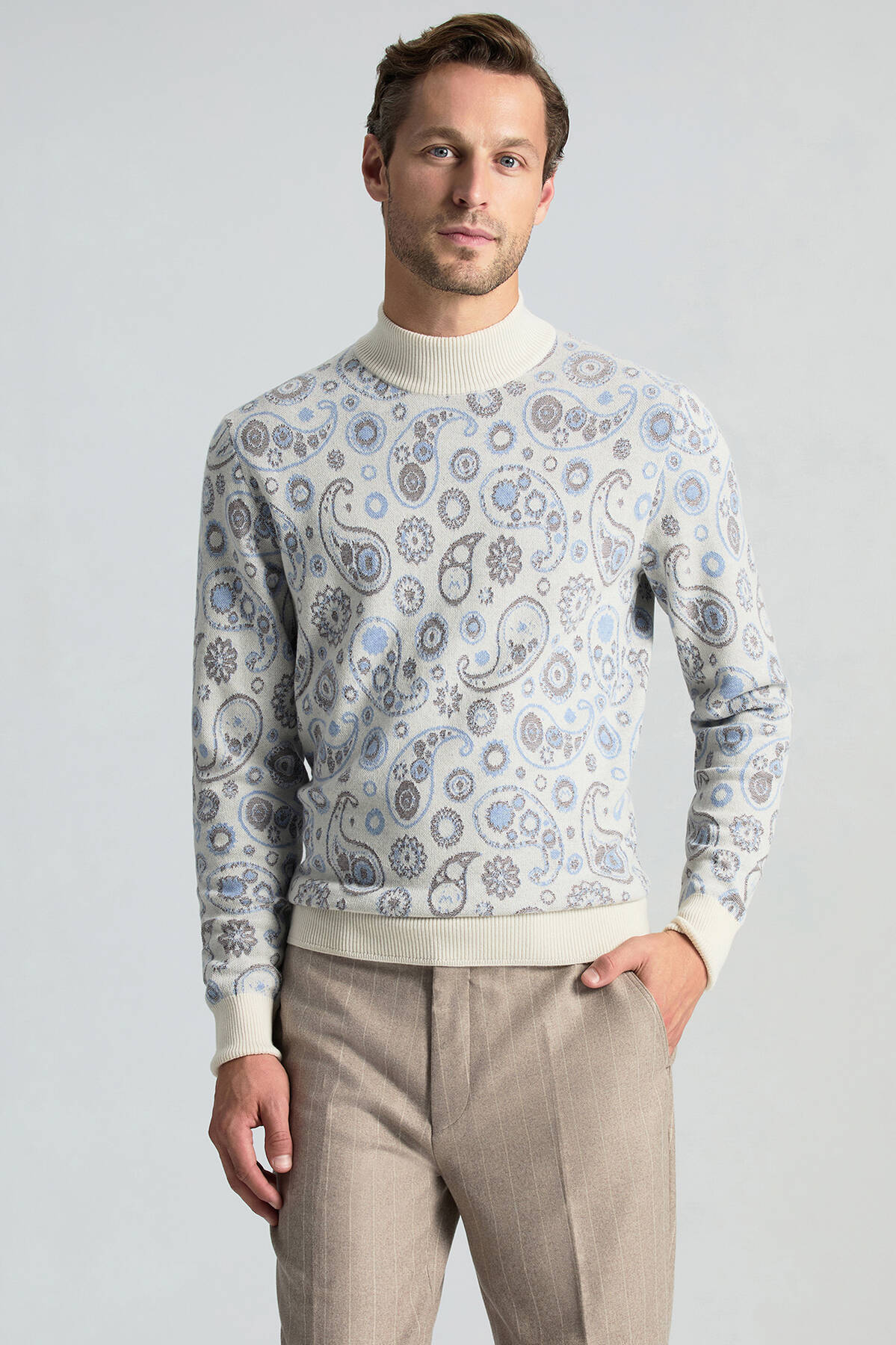 Saf Kaşmir Paisley Desen Lupetto Yaka Ekru Kazak