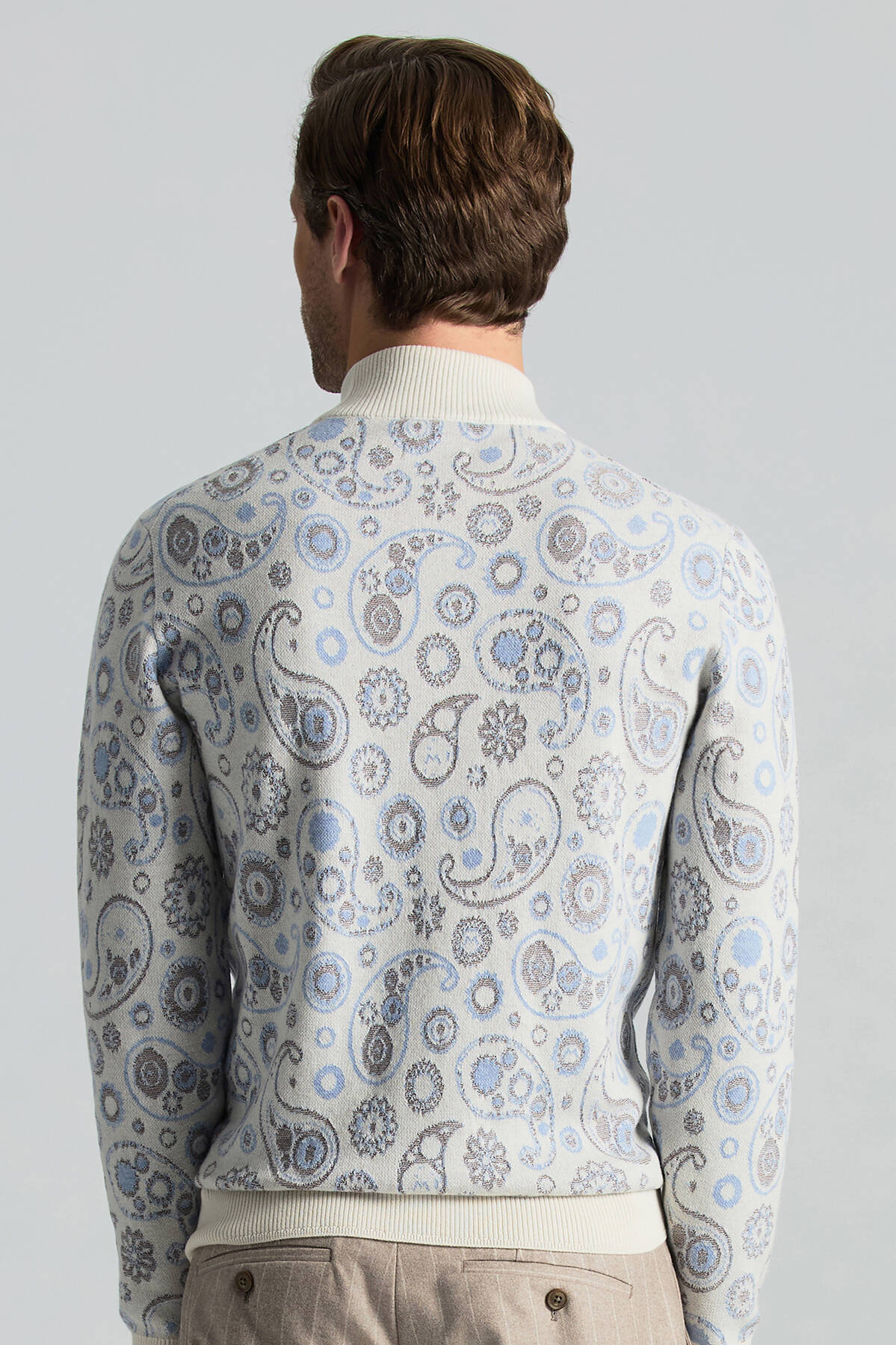 Saf Kaşmir Paisley Desen Lupetto Yaka Ekru Kazak