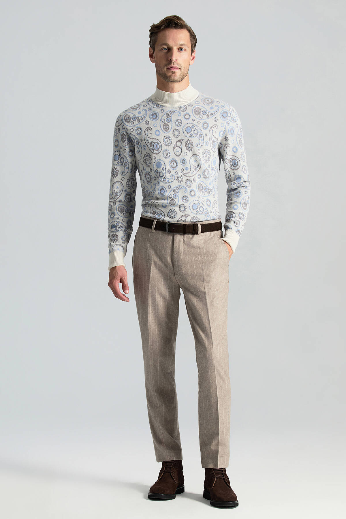 Saf Kaşmir Paisley Desen Lupetto Yaka Ekru Kazak