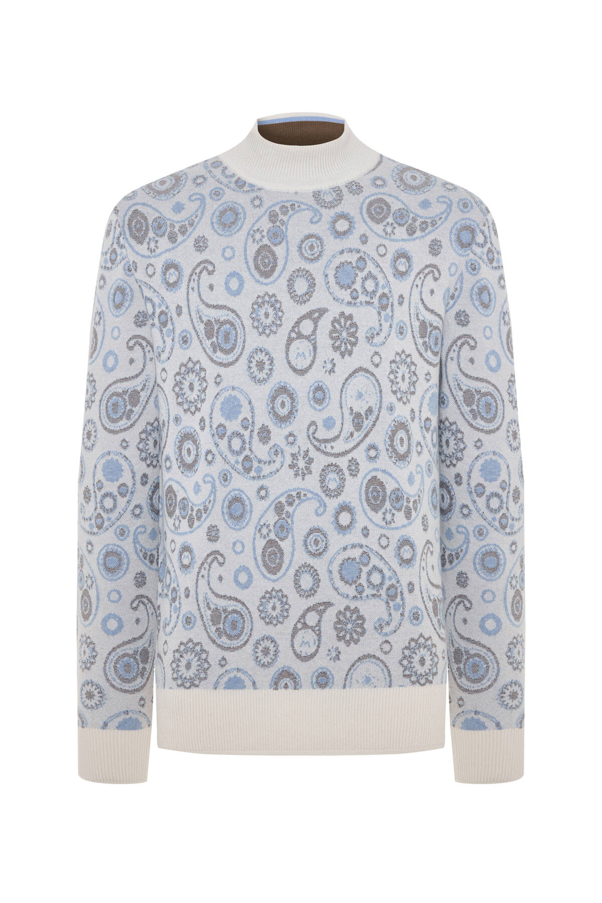 Saf Kaşmir Paisley Desen Lupetto Yaka Ekru Kazak