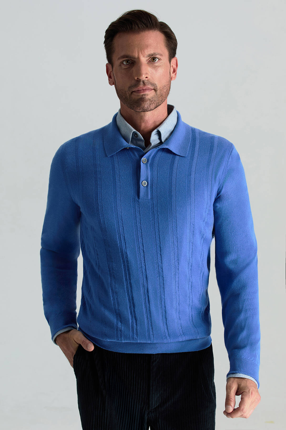 Saf Kaşmir Polo Yaka Şerit Desenli Mavi Triko