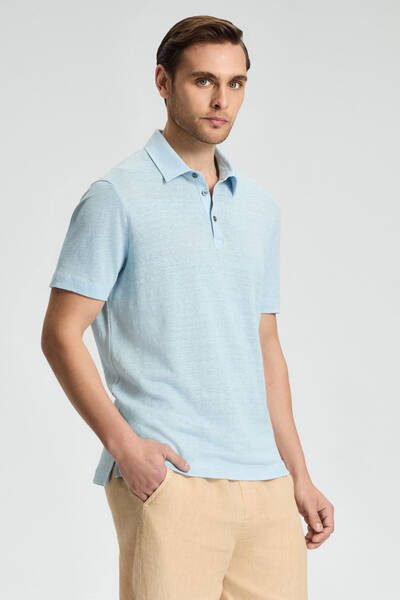 Saf Keten Açık Mavi Polo Yaka T-Shirt