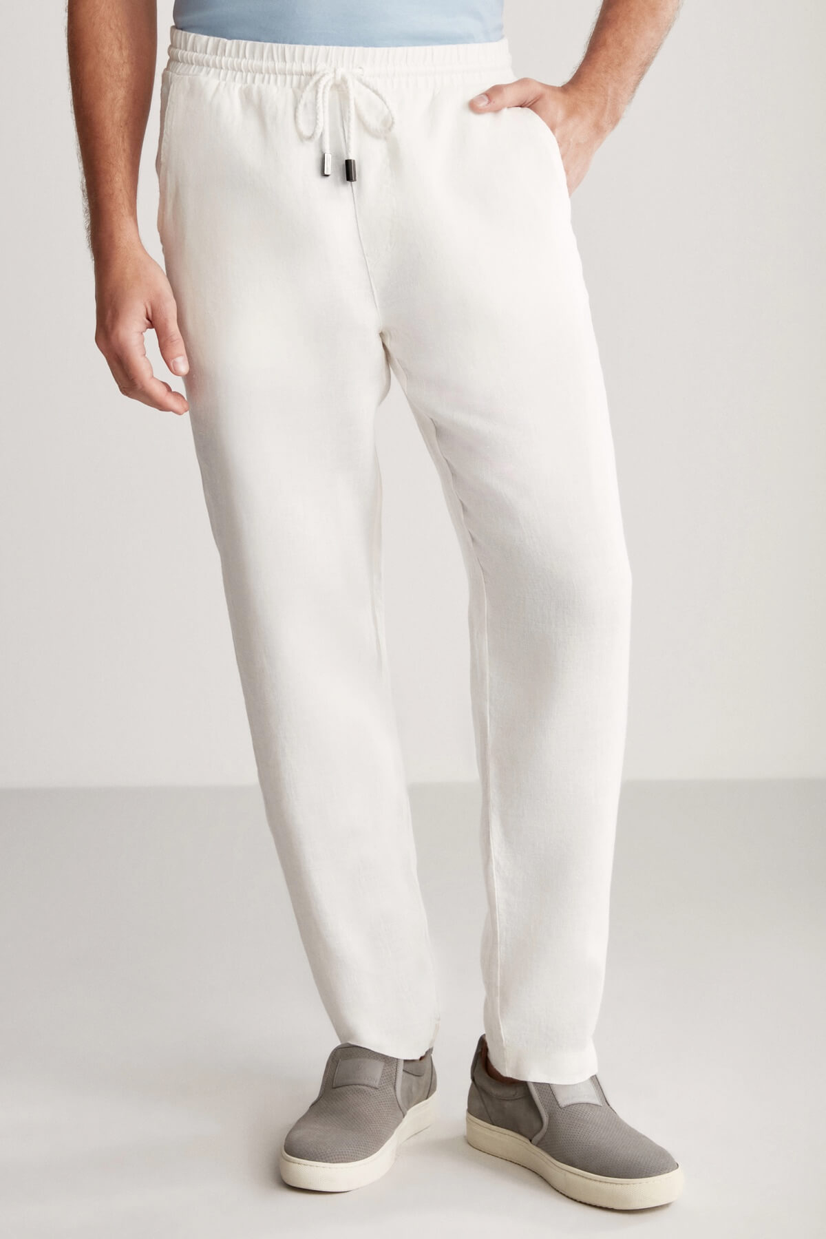 Saf Keten Bağcıklı Kırık Beyaz Pantolon