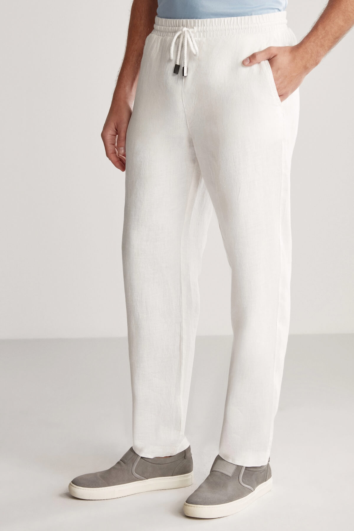 Saf Keten Bağcıklı Kırık Beyaz Pantolon