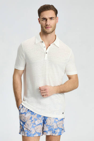 Saf Keten Beyaz Polo Yaka T-Shirt