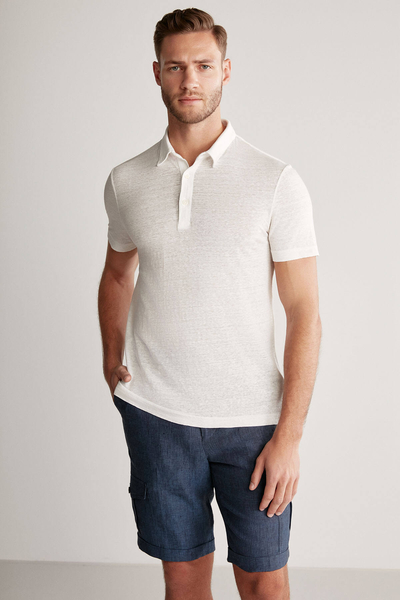 Saf Keten Beyaz Polo Yaka T-Shirt - Hemington