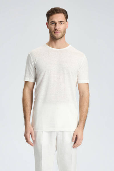 Saf Keten Bisiklet Yaka Beyaz Basic T-Shirt - Hemington