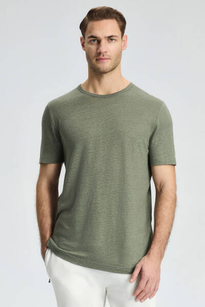 Saf Keten Haki Bisiklet Yaka T-Shirt - Hemington