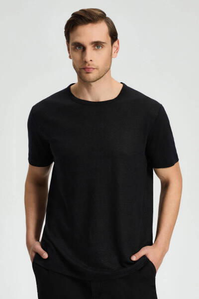 Saf Keten Siyah Bisiklet Yaka T-Shirt - Hemington