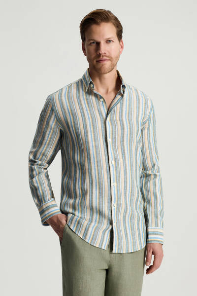 Saf Keten Çizgi Desen Haki-Mavi Gömlek - Hemington