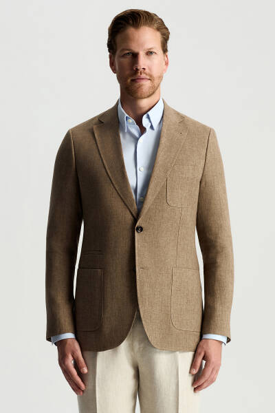 Saf Keten İtalyan Kumaş Kahverengi Blazer Ceket - Hemington