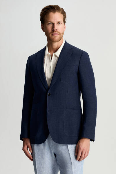Saf Keten İtalyan Kumaş Lacivert Blazer Ceket - Hemington