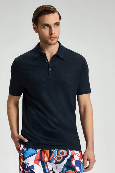 Saf Keten Lacivert Polo Yaka T-Shirt