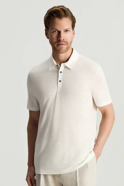Saf Keten Beyaz Polo Yaka T-Shirt - Hemington