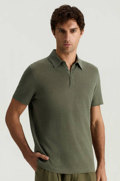 Saf Keten Haki Polo Yaka T-Shirt - Hemington