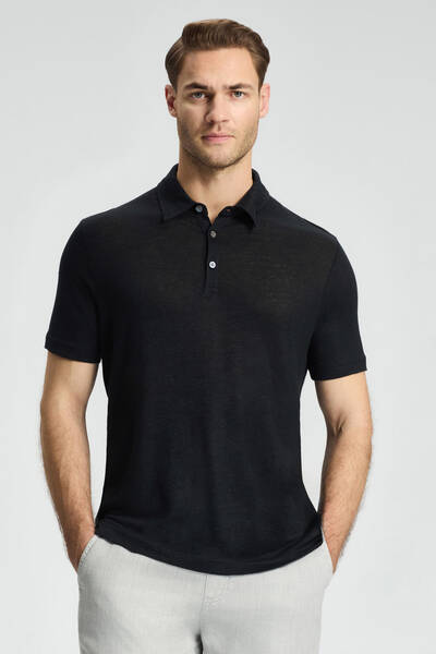Saf Keten Siyah Polo Yaka T-Shirt