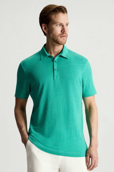 Saf Keten Turkuaz Polo Yaka T-Shirt - Hemington