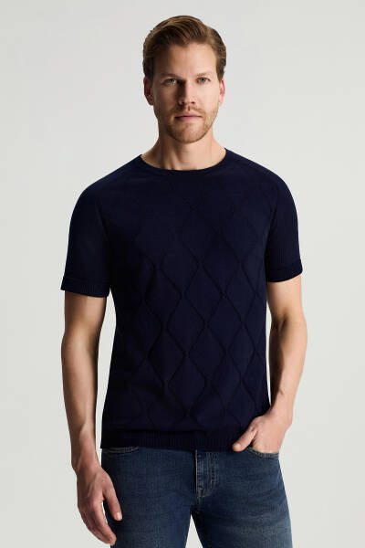 Saf Pamuk Argyle Örme Desen Bisiklet Yaka Lacivert Triko T-Shirt