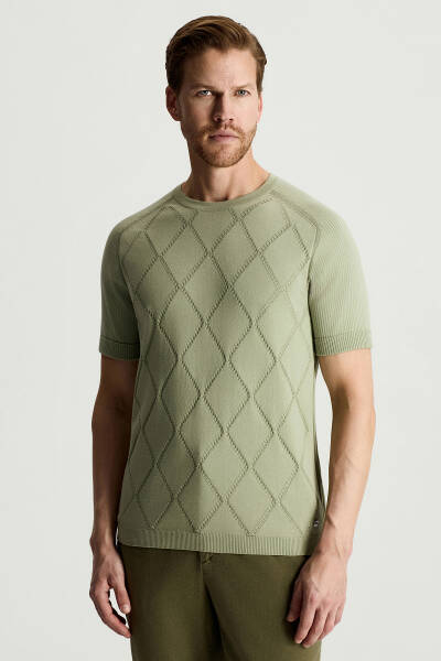 Saf Pamuk Argyle Örme Desen Bisiklet Yaka Yeşil Triko T-Shirt