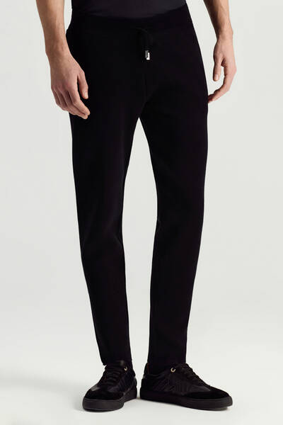 Saf Pamuk Bağcık Detaylı Siyah Slim Fit Triko Pantolon - Hemington