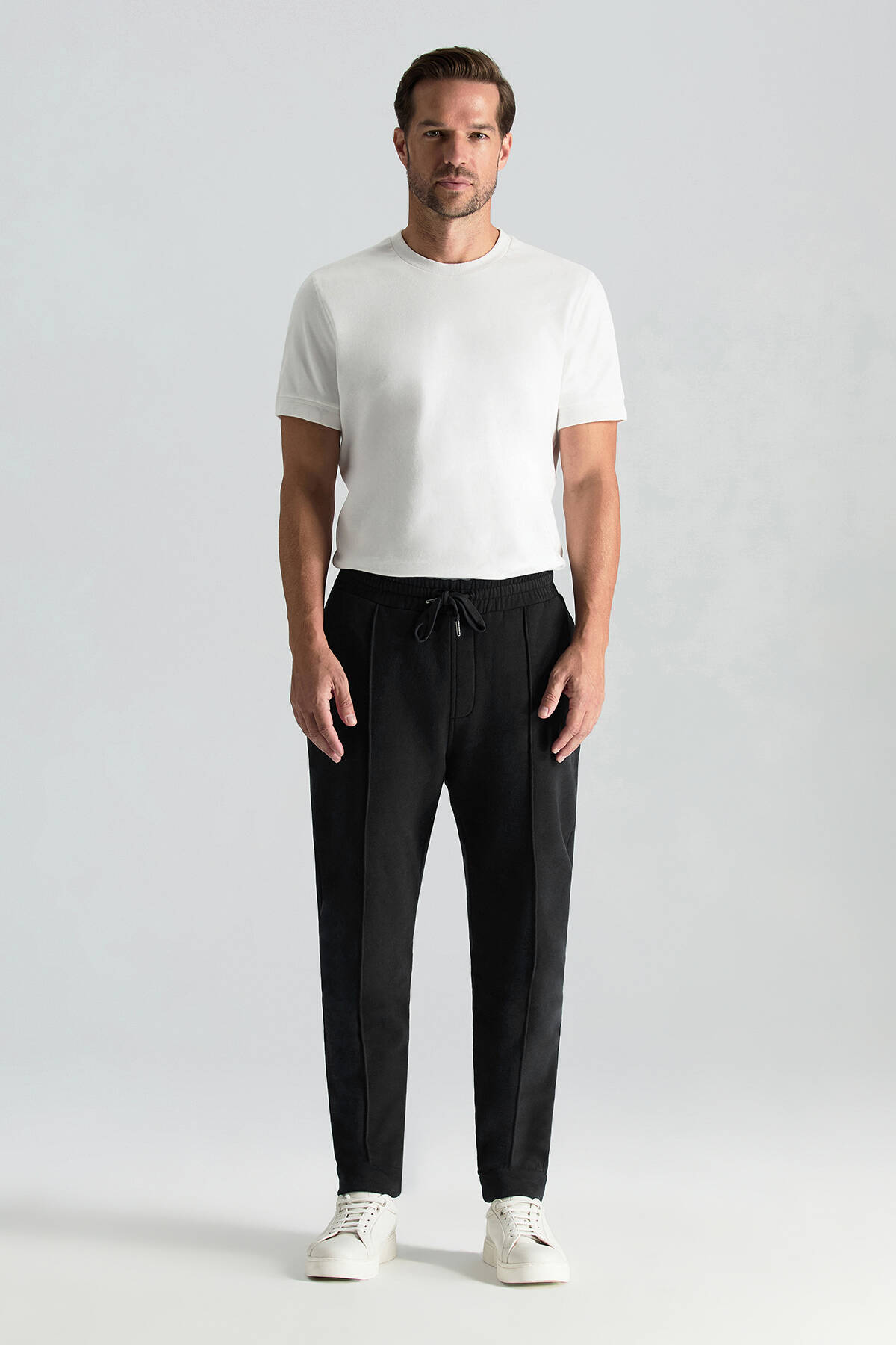 Saf Pamuk Beli Lastikli Siyah Jogger Pantolon