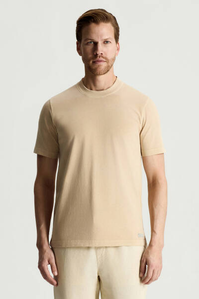 Saf Pamuk Bisiklet Yaka Bej T-Shirt