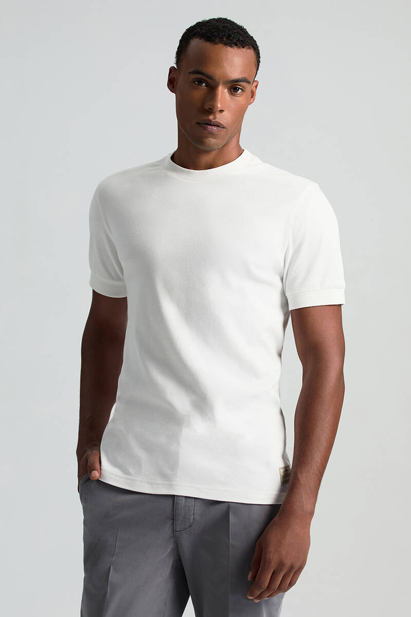 Saf Pamuk Bisiklet Yaka Beyaz Basic T-Shirt