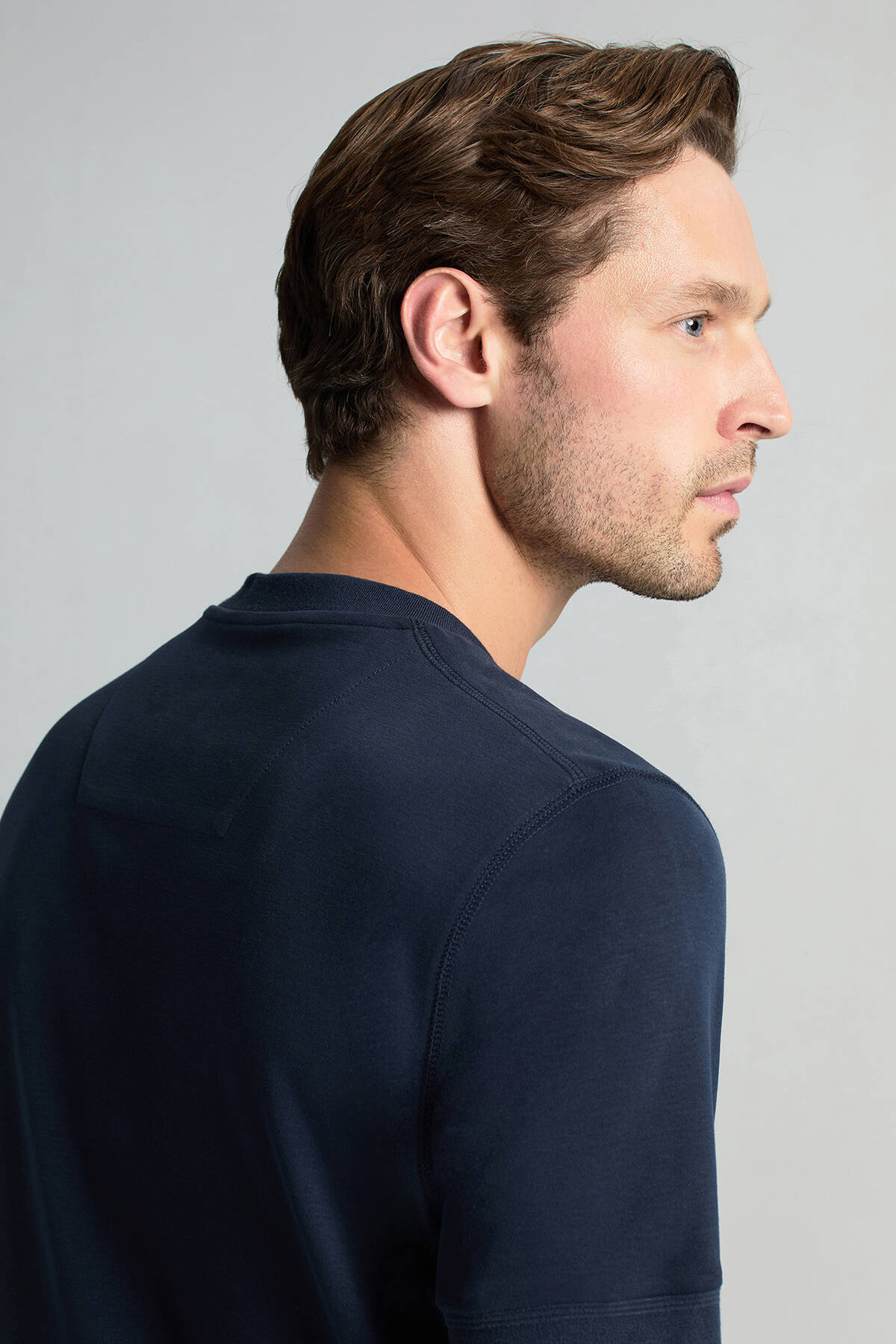 Saf Pamuk Bisiklet Yaka Lacivert Basic T-Shirt