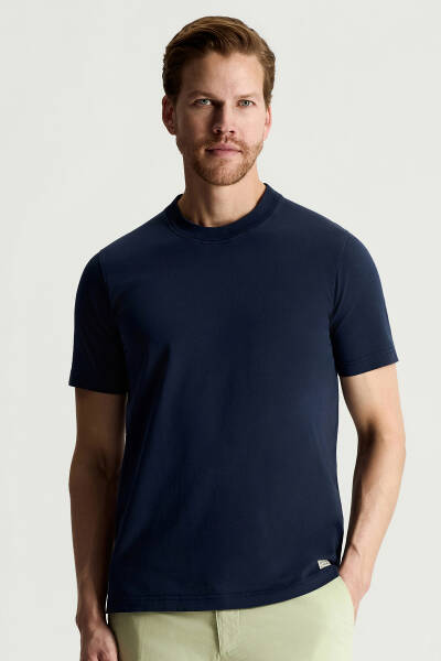 Saf Pamuk Bisiklet Yaka Lacivert T-Shirt