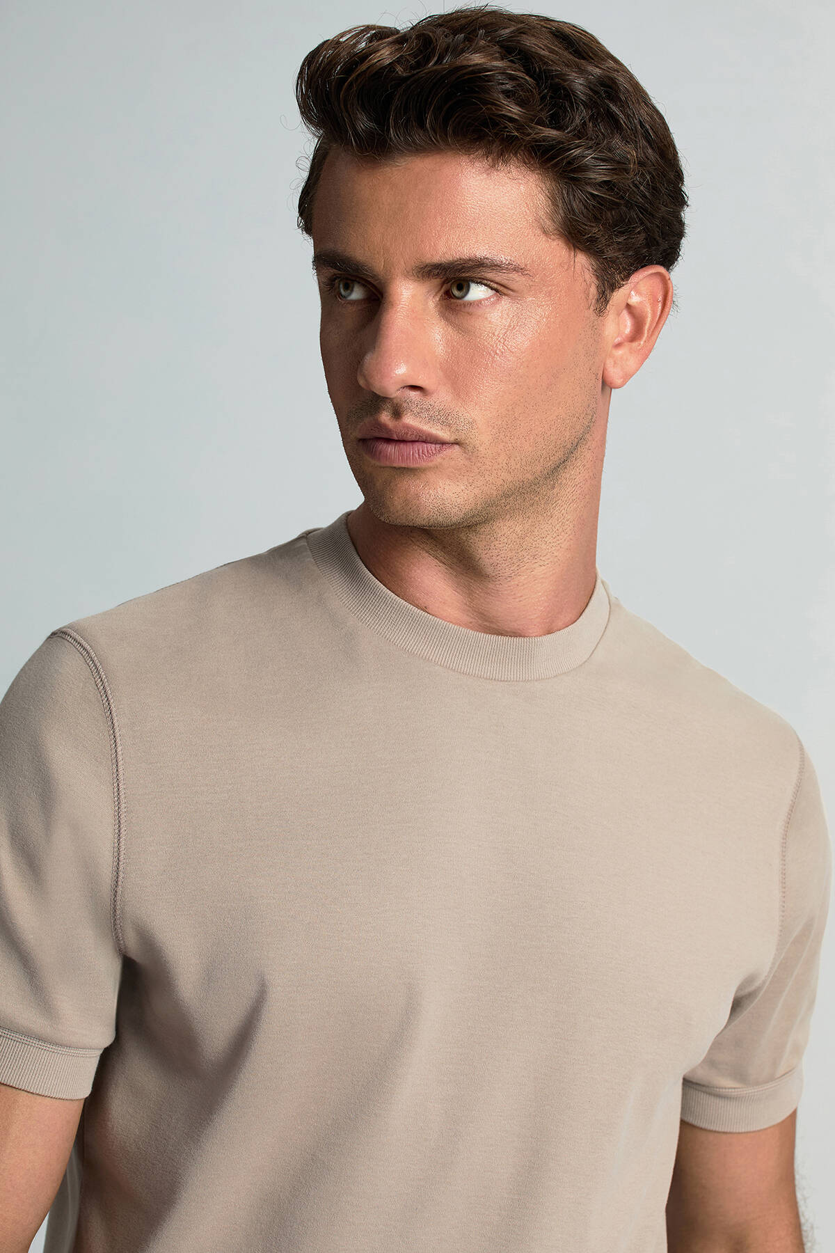 Saf Pamuk Bisiklet Yaka Vizon Rengi Basic T-Shirt