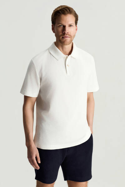 Saf Pamuk Havlu Kumaş Beyaz Polo Yaka T-Shirt - Hemington