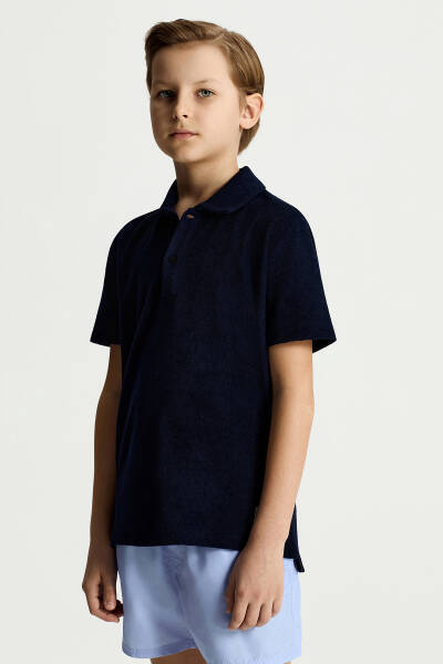 Saf Pamuk Havlu Kumaş Lacivert Polo Yaka Çocuk T-Shirt - Hemington
