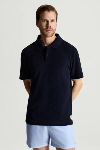 Saf Pamuk Havlu Kumaş Lacivert Polo Yaka T-Shirt - Hemington