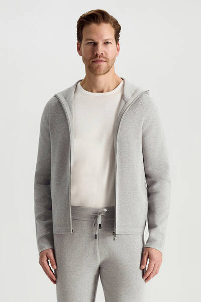 Saf Pamuk Kapüşonlu Slim Fit Açık Gri Hırka - Hemington